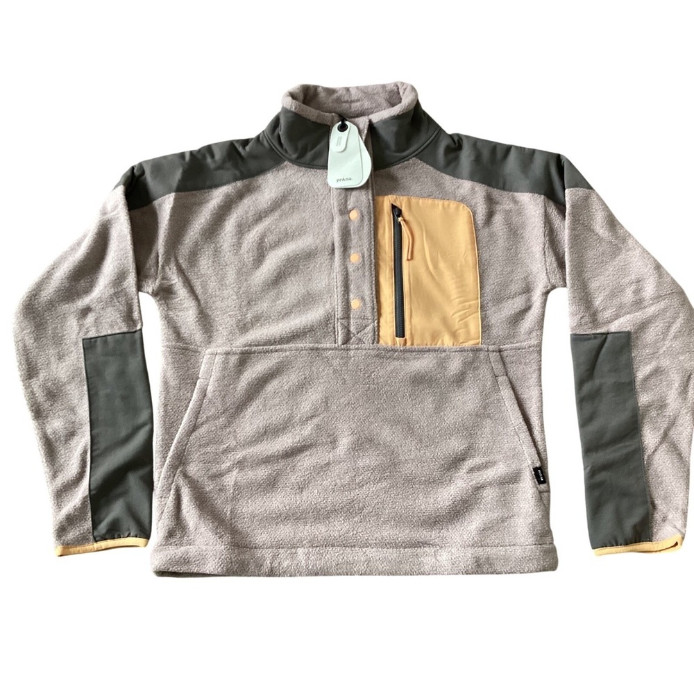 Prana Fleece Pullover Jacket Womens Small Button Up Pouch Pocket Gray Peach